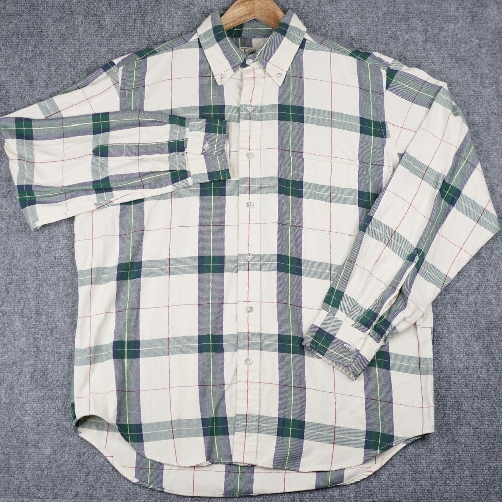 L.L. Bean Rangeley Shirt Mens Large Cream Green Plaid Button Down Long Sleeve